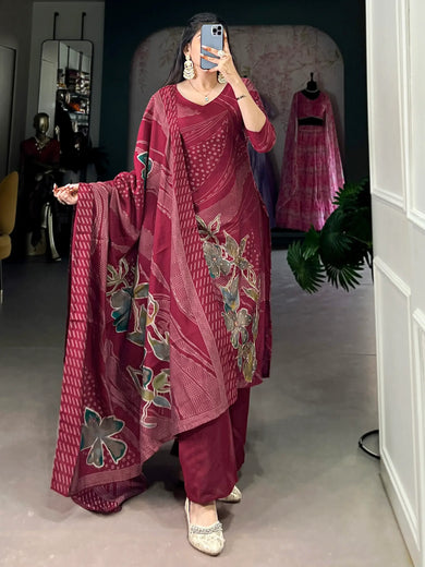 Fascinating Maroon Floral Printed Silk Office Wear Palazzo Suit